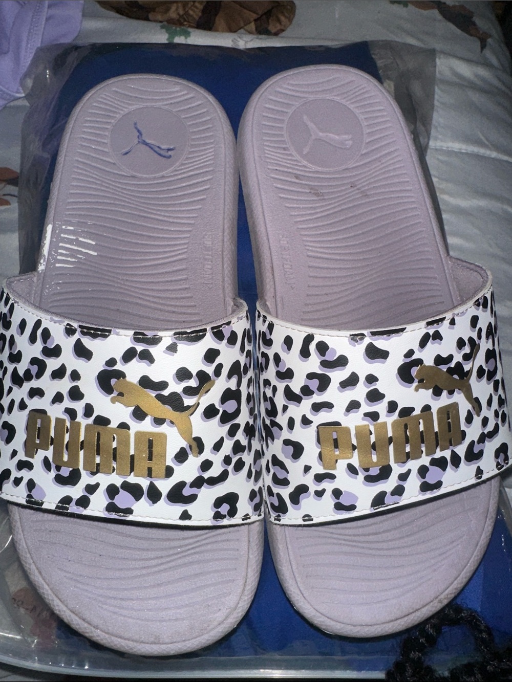 Puma White Leopard Print Slides with Gold Logo and Lilac Footbed